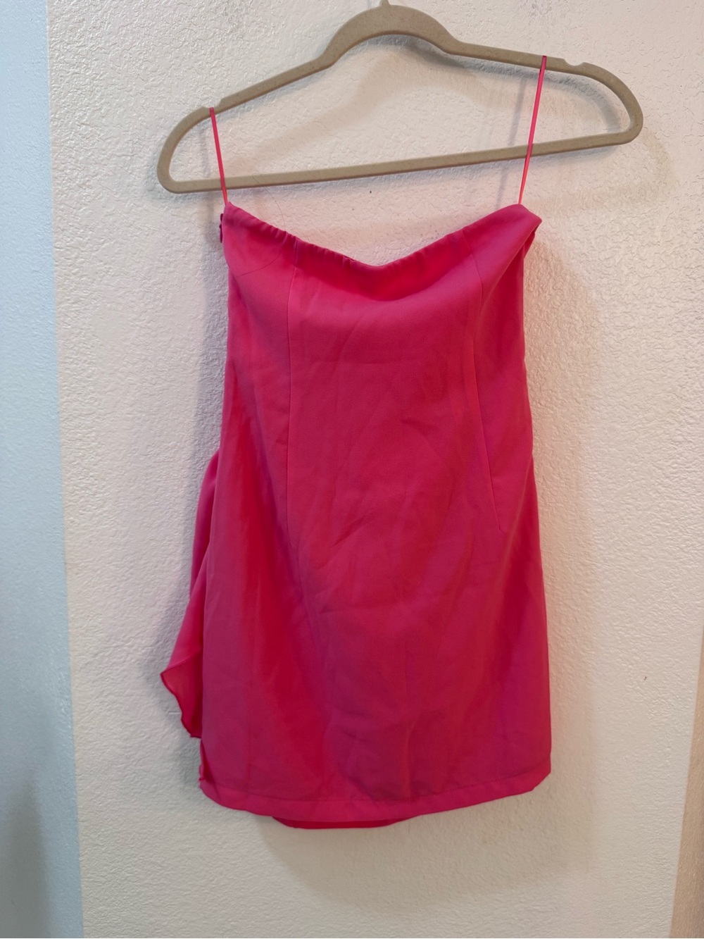 superdown Hot Pink Strapless Ruched Mini Dress with Side Ruffle - Picture 13 of 16